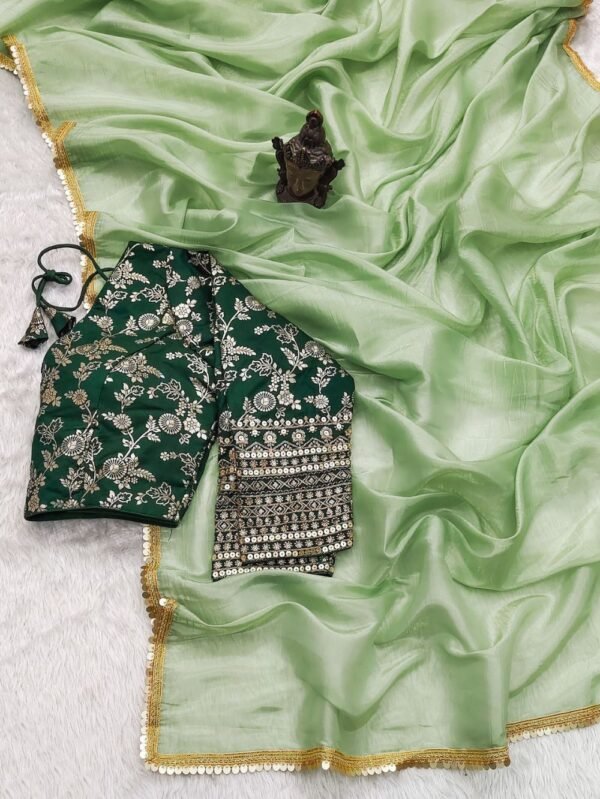 Tissue Silk Saree - Crushed Tissue Silk Light Green Bottle Green - Blue Dhaara