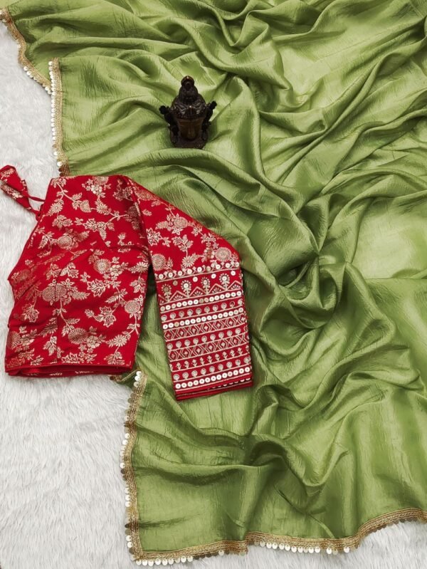 Tissue Silk Saree - Crushed Tissue Silk Light Green Red - Blue Dhaara
