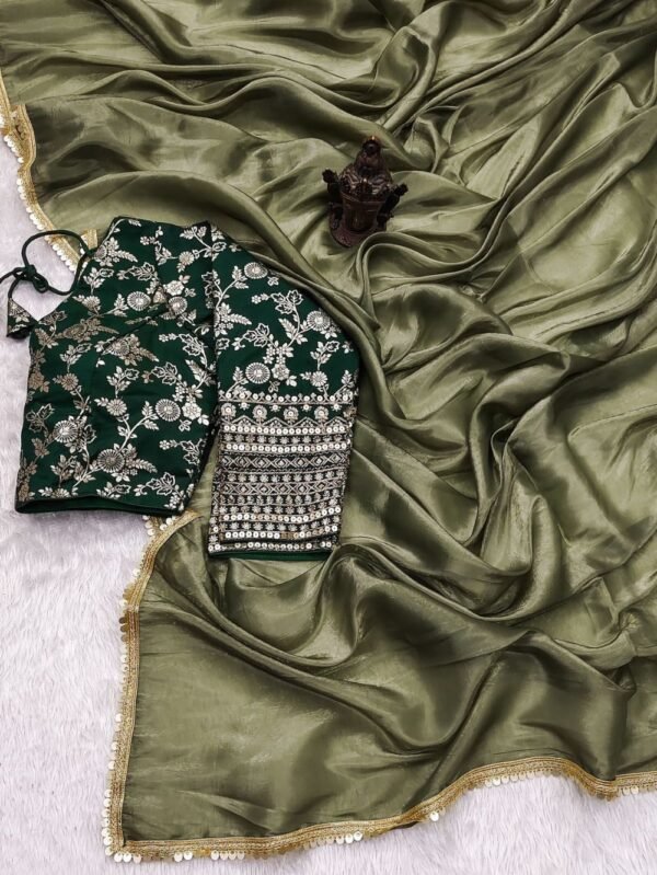 Tissue Silk Saree - Crushed Tissue Silk Olive Green Bottle Green - Blue Dhaara