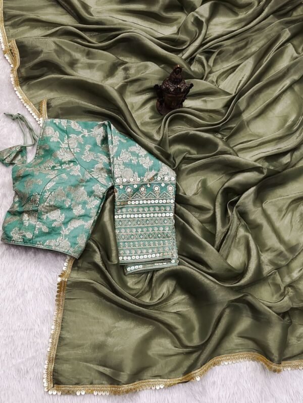 Tissue Silk Saree - Crushed Tissue Silk Olive Green Sea Green - Blue Dhaara