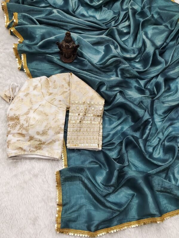 Tissue Silk Saree - Crushed Tissue Silk Teal Blue - Blue Dhaara