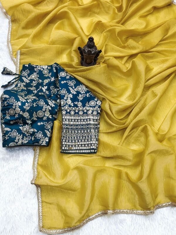 Tissue Silk Saree - Crushed Tissue Silk Yellow Blue - Blue Dhaara