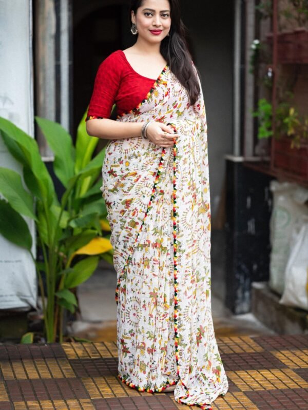 White Printed Georgette Saree blue dhaara