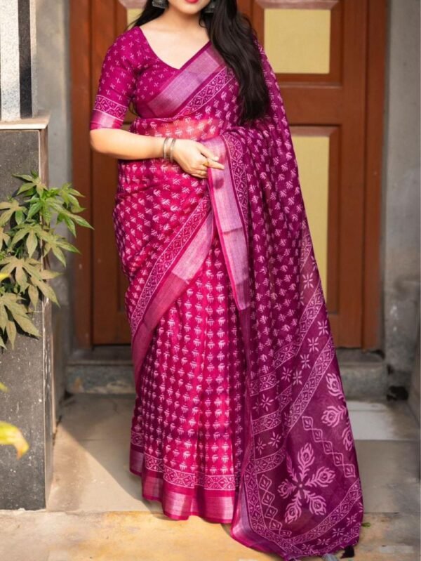 Wine linen pattu printed saree blue dhaara
